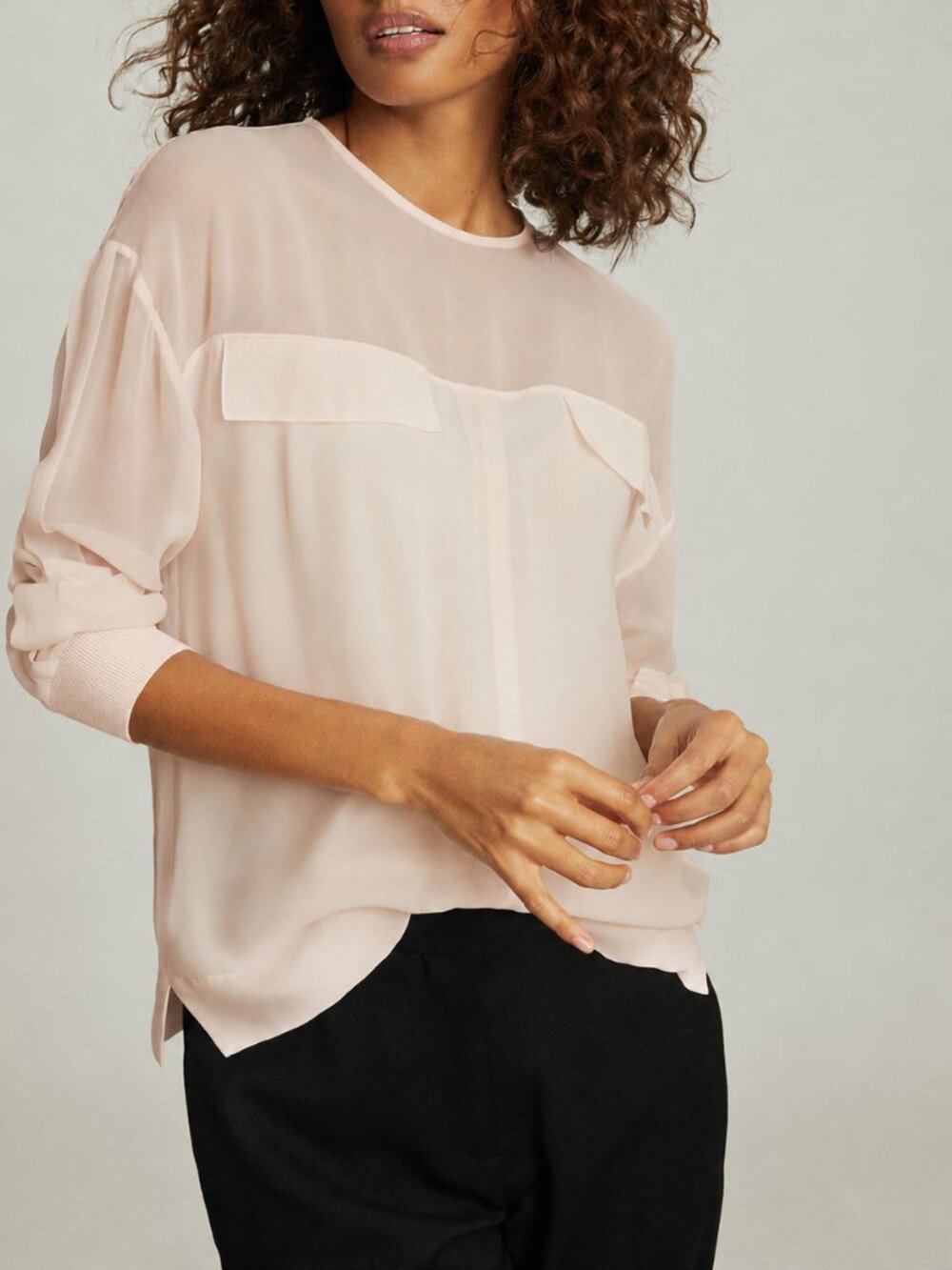 REISS Camille Semi-Sheer Twin Pocket Top - Blush Pink